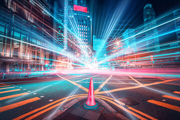Poster - A city street at night with vibrant streaks of light radiating out from the center, suggesting motion and speed.