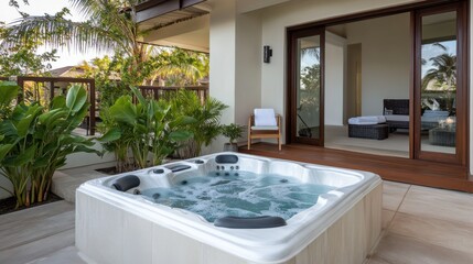 A serene hot tub surrounded by lush tropical plants on a tranquil verandah, inviting relaxation amidst a peaceful garden retreat.