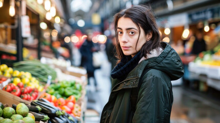 Young Caucasian woman in a green jacket shopping at a market, looking at the camera.