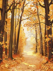 Aufkleber - Vibrant trees with bright fall leaves frame a tranquil path winding through a golden autumn forest on a peaceful day. Generative AI
