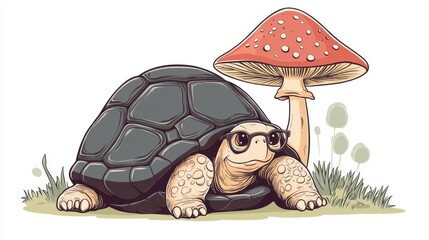 Wall Mural - Cartoon Tortoise Wearing Glasses Under Mushroom Illustration