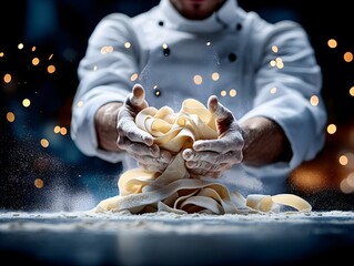 Chef handling freshly made pasta ribbons with flour on hands in vibrant kitchen setting