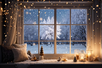 Wall Mural - Inside the home living room, a large window makes you feel the cold winter, but it captures the warmth of Christmas