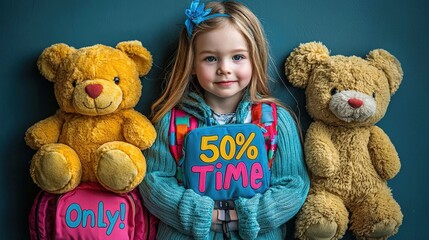 A cheerful girl stands between two plush teddy bears holding a sign that announces a 50% discount on children's toys, showcasing a bright and inviting sale atmosphere