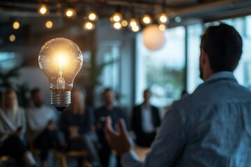 A person presenting a new product concept to a group showcasing the power of innovation to drive success and growth