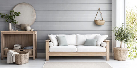 Modern living room with light gray walls and natural wood furniture in a cozy setting