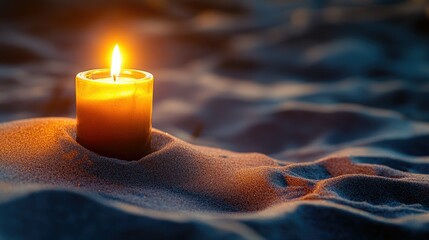 Canvas Print - A softly glowing candle placed in the sand of a temple, symbolizing the spiritual warmth of Candlemas, with gentle light.