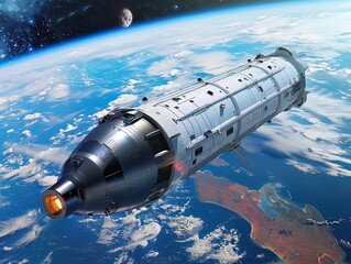 Sticker - a stunning image of a sleek spacecraft in low orbit above a vibrant earth, surrounded by stars. it e
