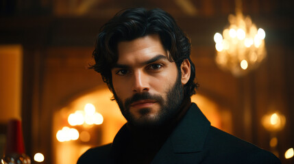 A striking portrait of a confident young man with dark, wavy hair and a well-groomed beard, dressed in a stylish dark blazer. Set in an elegant interior, the warm lighting enhances his charisma.