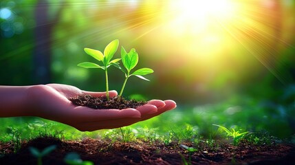 Hand holding a small tree on a blurry green background with sunlight. world environment day concept