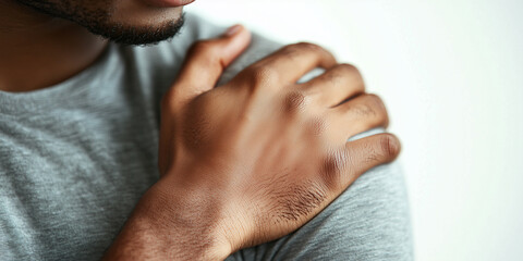 A closeup of a person placing a hand on their shoulder, suggesting discomfort, self-care, or muscle soreness, against a soft background.