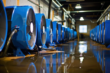 line of blue industrial fans and dehumidifiers on a wet floor in a warehouse, focusing on water dama