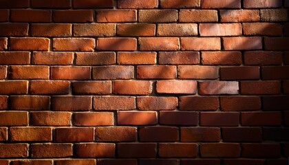 Wall Mural - Warm Sunlit Red Brick Wall with Intricate Textured Patterns and Shadows. Perfect for Urban Design Projects, Architectural Backgrounds, Historical Building Concepts, or Rustic Branding Imagery