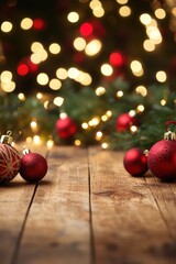 Festive Christmas Ornaments on Rustic Wooden Surface with Bokeh Lights Background