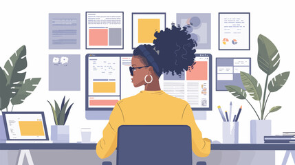 African American woman web developer working at desk coding website design project freelance work programming software development IT specialist modern office interior full length horizontal