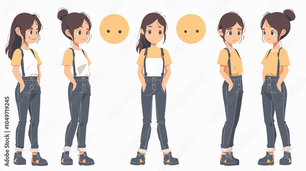 Young woman character for animation front side and back view flat ...