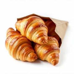 Deliciously flaky and golden croissants overflowing from a paper bag, making them perfect for breakfast or brunch. Isolated on white transparent background