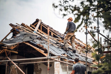 team of professionals repairing roof after storm damage, scaffolding