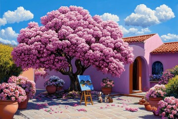 A person taking it easy while painting in a quiet garden, sitting on a stool with a canvas in front of them and flowers blooming all around