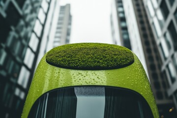 A green electric bus driving through a city street lined with trees and modern ecofriendly buildings symbolizing sustainable urban.