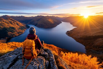 Wall Mural - A photographer taking advantage of golden hour light, capturing a stunning landscape with the sun setting behind the mountains