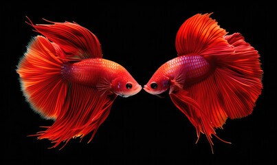 Beautiful movement of red betta fish, Two Fancy Halfmoon Betta, The moving moment beautiful of Siamese Fighting fish, Betta splendens, Rhythmic of Betta fish isolated on black background