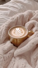 A luxurious golden coffee mug filled with coffee featuring intricate latte art lies on a soft, plush beige blanket, capturing a cozy and warm morning atmosphere.