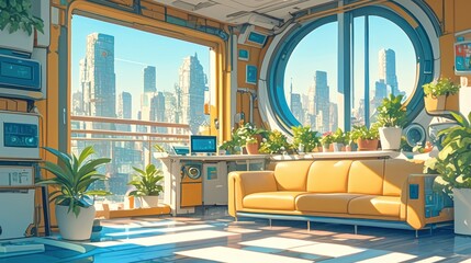 Futuristic Living Room with City View Illustration