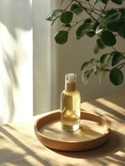 A bottle of face oil is placed on a wooden plate, which stands upright and has an elegant design with a clear glass material