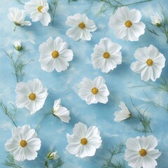 Wall Mural - White flowers on blue surface