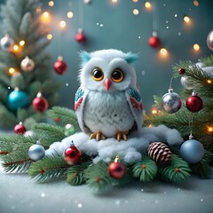 Wall Mural - Christmas gift owl bird, set 3D toy character and decoration. Winter holiday template for festive design, seasonal present. Greeting collection Merry Christmas and Happy New Year.