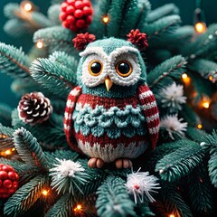 Wall Mural - Christmas gift owl bird, set 3D toy character and decoration. Winter holiday template for festive design, seasonal present. Greeting collection Merry Christmas and Happy New Year.