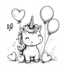 Cute unicorn smiling and holding balloons and hearts in black and white