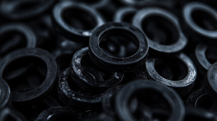 Collection of black rubber O-rings piled together in a close-up view showcasing their texture