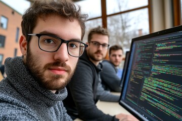 A programmer taking credit for solving a complex coding problem, showing the solution to a group of teammates in front of a computer screen