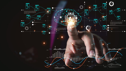 Wall Mural - ai technology. businessman touch brain working data and algorithm of artificial intelligence in the 