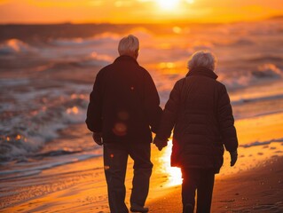 Canvas Print - A couple walks hand-in-hand on the beach at sunset. AI.