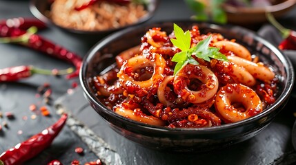 Wall Mural - Fried squid rings with chili sauce in bowl