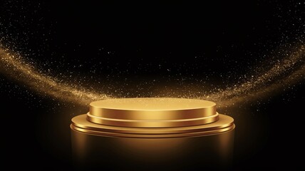 Wall Mural - a cinematic medium shot of a circular golden pedestal against a black background.