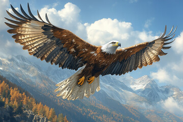 The majestic eagle is spreading its wings and flying high.