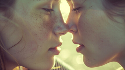 Wall Mural - Two women with freckles are looking at each other