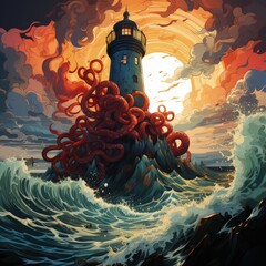 Wall Mural - A Lighthouse Stands Tall Amidst a Giant Squid Encountering the Sea