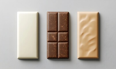 Wall Mural -  Set of white blank packaging for a chocolate bar with brown and beige colors, top view isolated on a grey background mockup template design 

