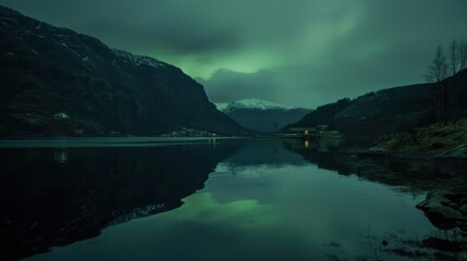 Wall Mural - A dramatic view of the Northern Lights reflecting off the mirrored surface of a Norwegian fjord, Fjord scene, Cinematic style