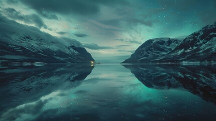 Wall Mural - A dramatic view of the Northern Lights reflecting off the mirrored surface of a Norwegian fjord, Fjord scene, Cinematic style