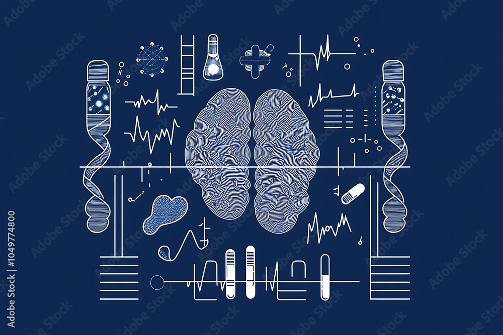 A blue background design with pills and medical symbols, including the