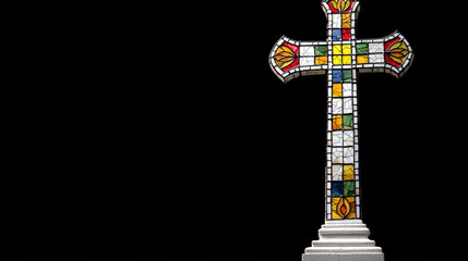 Poster - Stained glass cross with vibrant colors and intricate designs, symbolizing faith and spirituality against dark background