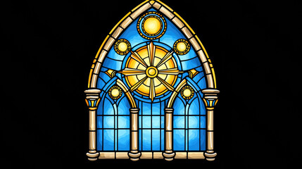 Poster - Stained glass window featuring intricate lace like patterns and vibrant colors, showcasing sun motif surrounded by blue hues. This artwork evokes sense of tranquility and beauty