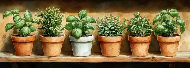 Wall Mural - Display of fresh herbs such as basil, parsley and rosemary in ceramic pots arranged on a wooden shelf