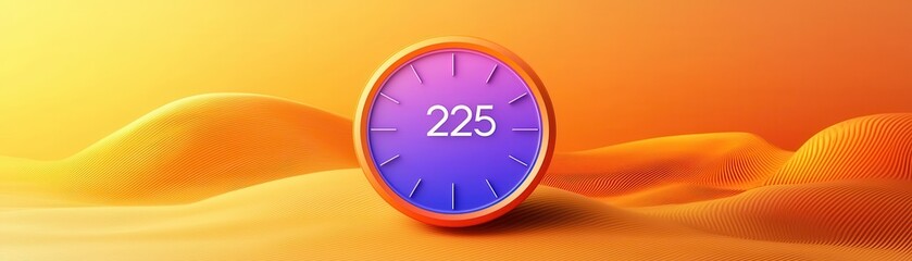 Wall Mural - Time Flies By:  A minimalist clock with a purple and orange gradient face sits against a backdrop of soft, undulating, orange sand dunes.  The time is 2:25.